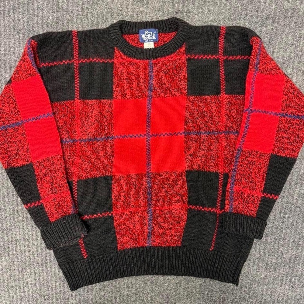 Vintage Woolrich Red Black Plaid Wool Blend Sweater Mens Large 9644 Crewneck